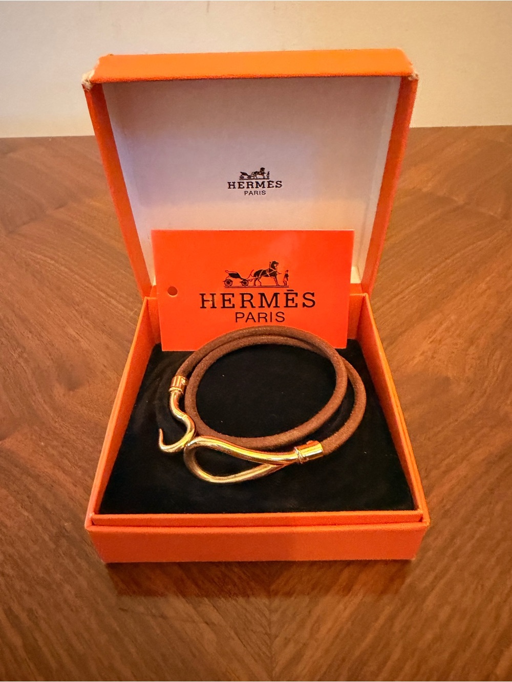 Vintage Hermes Brown Leather Double-Wrap Bracelet with Gold-Tone Hook - Picture 2 of 4